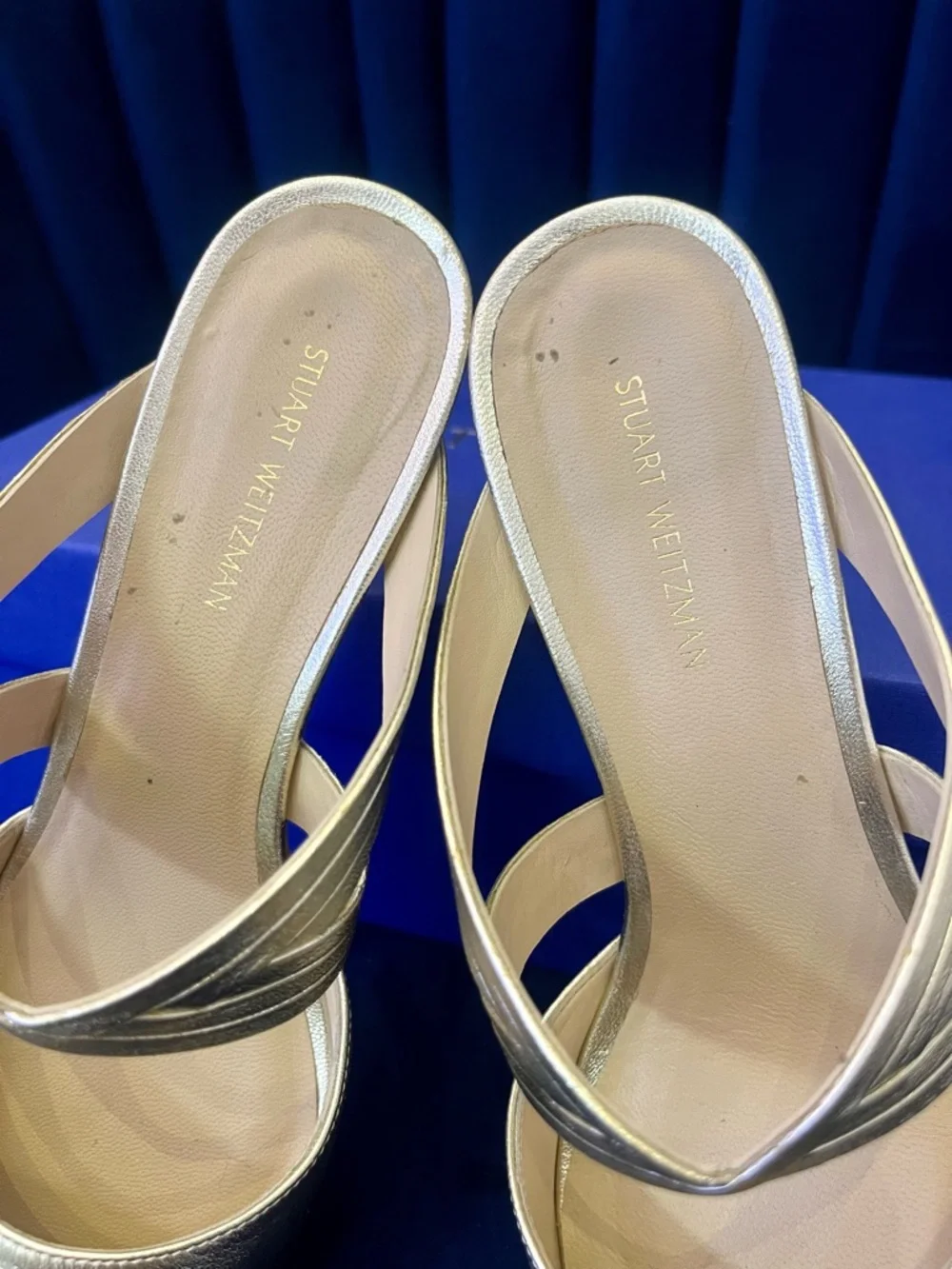 Stuart Weitzman Gold Iridescent Pointed-Toe Strappy Mule Stilettos - Picture 7 of 9